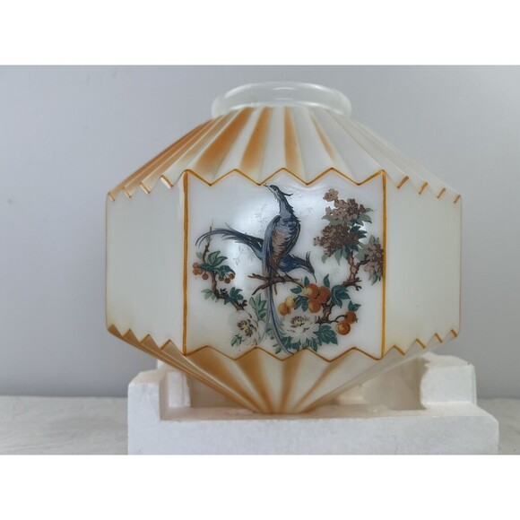 Vtg 30s Accordion Octagonal Frosted Orange‎ Birds Paradise Glass Swag Lamp Shade - Picture 8 of 16
